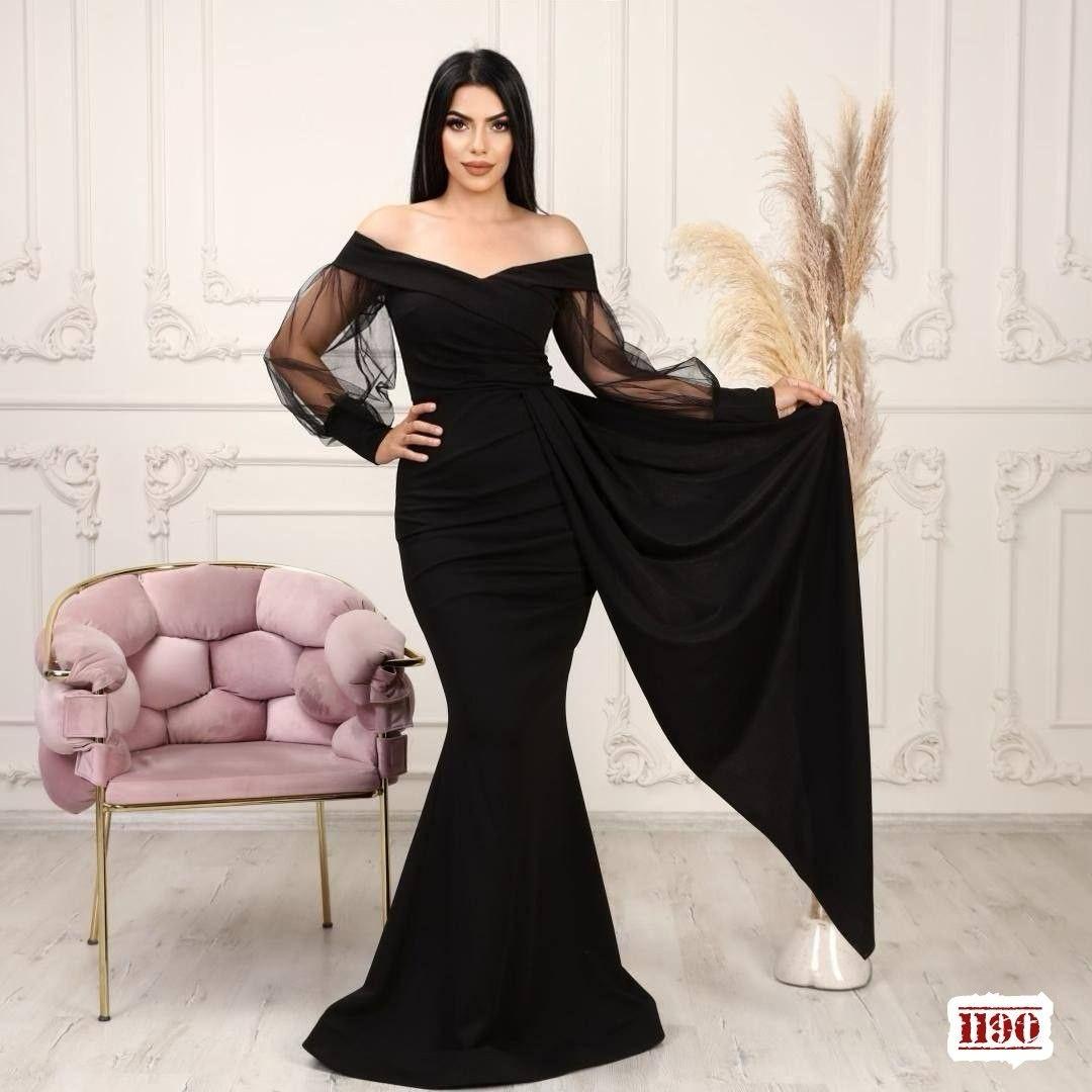 Elegant Evening Dress – Off-Shoulder Gown with Sheer Sleeves & Dramatic Drape