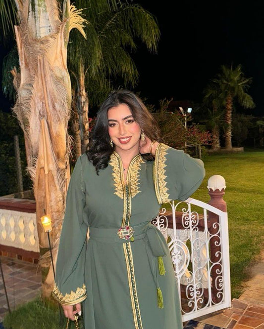 Elegant Moroccan Caftan: Modern Design with Gold Embroidery