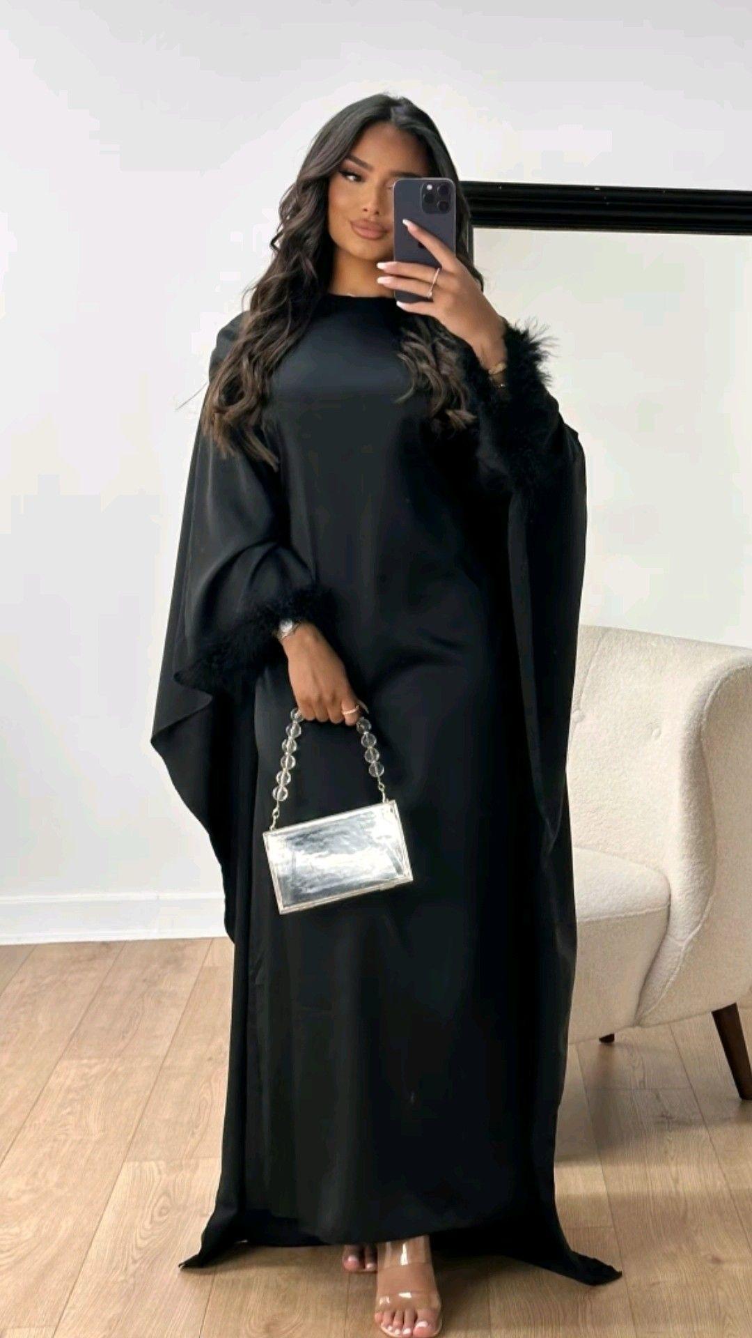 Timeless Elegance: Luxe Abaya with Feather Cuffs– Available in Multiple Colors